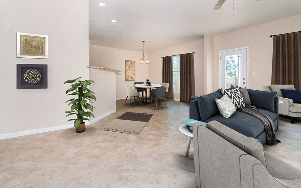 a living room with a couch and a table